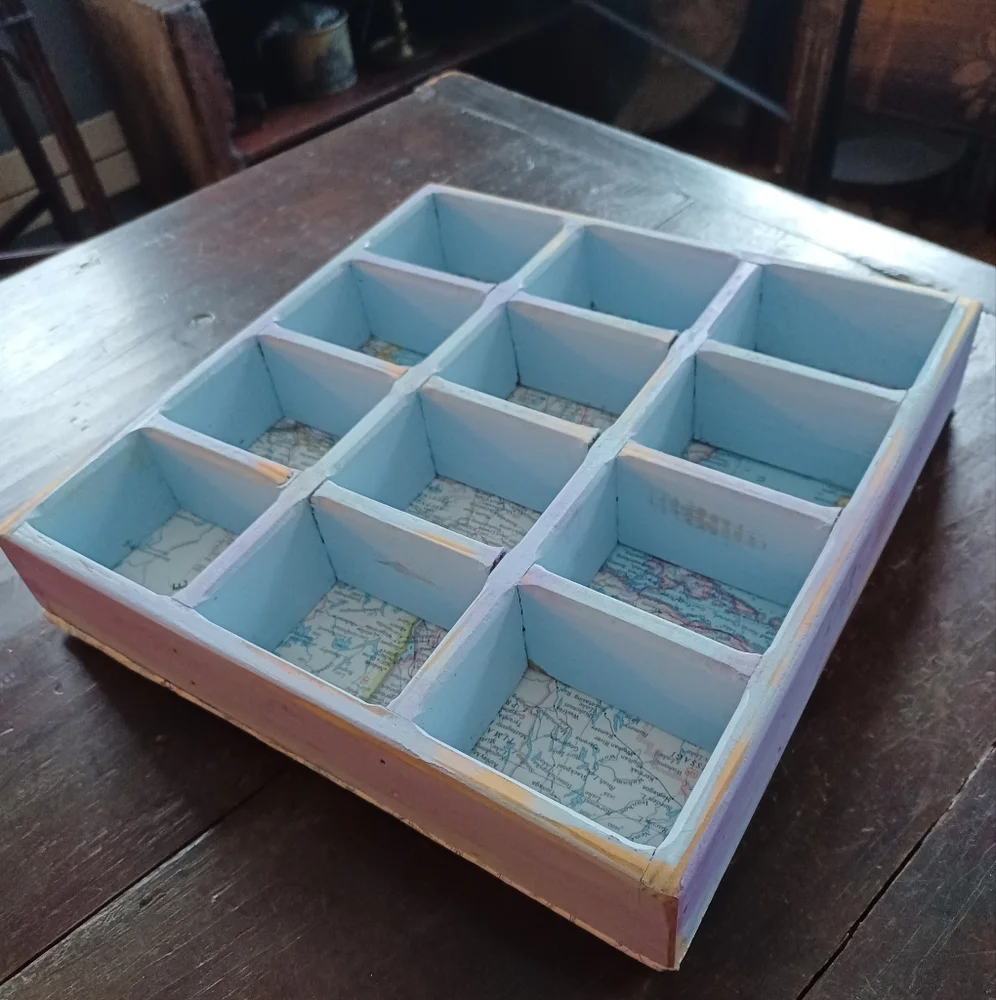 Handmade blue wooden mini wall curio display shelf w/ vintage road maps